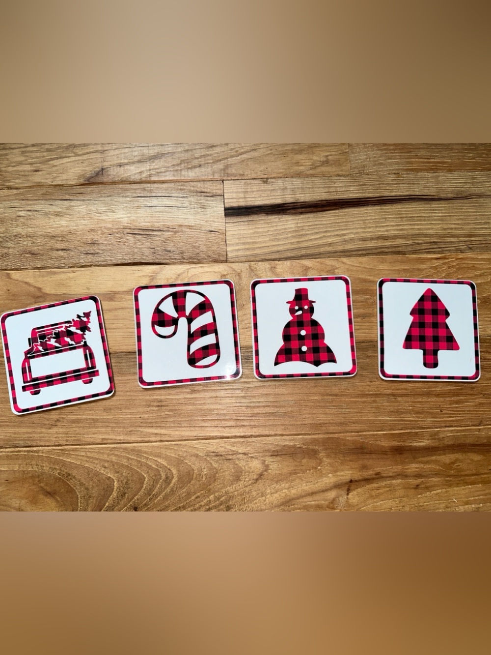Holiday Plaid Icon metal top Coasters - Red and Black Christmas Set